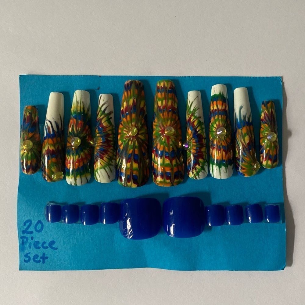 Tie dye press on Manicure 💅 with Blue press on pedicure nails - Picture 1 of 8